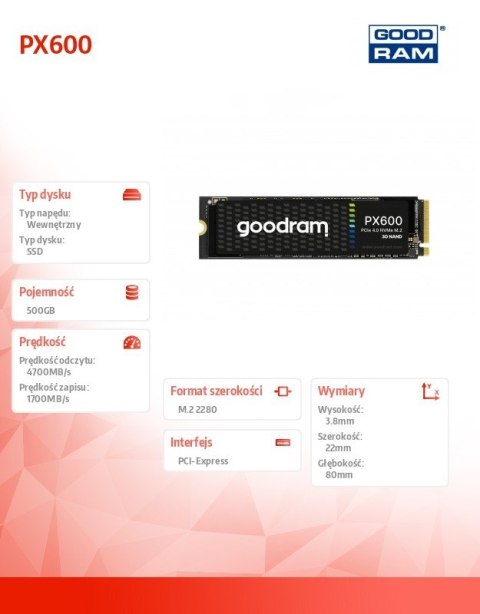Dysk SSD PX600 500GB M.2 PCIe 4x4 NVMe 2280 Dysk SSD PX600 500GB M.2 PCIe 4x4 NVMe 2280