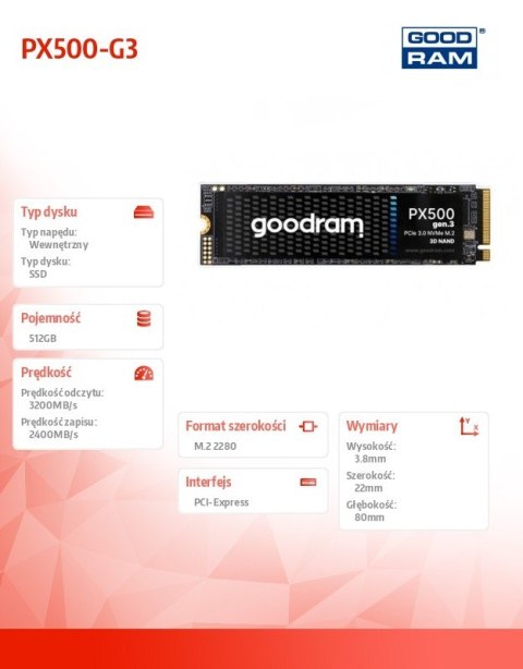 Dysk SSD PX500-G3 512GB M.2 PCIe 3x4 NVMe 2280 3200/2400 Dysk SSD PX500-G3 512GB M.2 PCIe 3x4 NVMe 2280 3200/2400