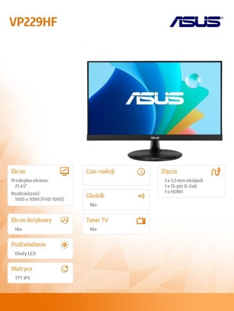 Monitor 21.5 cala VP229HF BK/1MS EU VGA HDMI Monitor 21.5 cala VP229HF BK/1MS EU VGA HDMI