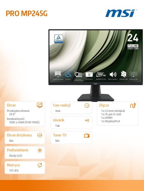 Monitor 23.8 cala PRO MP245G LED/FHD/Flat/100Hz/czarny Monitor 23.8 cala PRO MP245G LED/FHD/Flat/100Hz/czarny