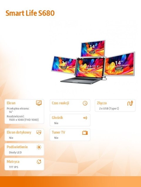 Przenośne monitory do laptopa Smart Life S680 14 cali, 3 monitory IPS, 1080p Full HD Przenośne monitory do laptopa Smart Life S680 14 cali, 3 monitory IPS, 1080p Full HD