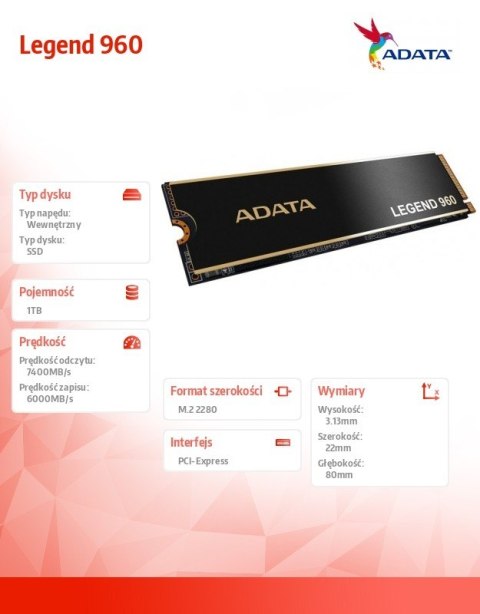 Dysk SSD Legend 960 1TB PCIe 4x4 7.4/6 GB/s M2 Dysk SSD Legend 960 1TB PCIe 4x4 7.4/6 GB/s M2