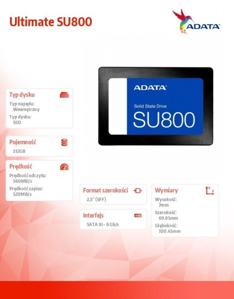 Dysk SSD Ultimate SU800 512GB S3 560/520 MB/s TLC 3D Dysk SSD Ultimate SU800 512GB S3 560/520 MB/s TLC 3D