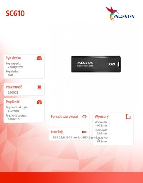 Dysk SSD zewnętrzny SC610 2000 GB USB3.2A Gen2 czarny Dysk SSD zewnętrzny SC610 2000 GB USB3.2A Gen2 czarny
