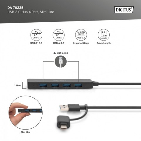 Hub USB 3.0/Koncentrator 4-portowy SlimLine USB A + adapter USB-C 5Gbps, złącze zasilania USB-C Hub USB 3.0/Koncentrator 4-portowy SlimLine USB A + adapter USB-C 5Gbps, złącze zasilania USB-C