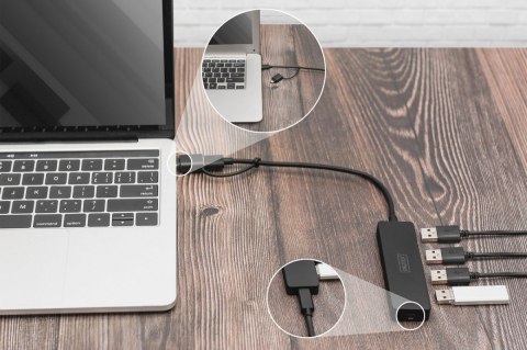 Hub USB 3.0/Koncentrator 4-portowy SlimLine USB A + adapter USB-C 5Gbps, złącze zasilania USB-C Hub USB 3.0/Koncentrator 4-portowy SlimLine USB A + adapter USB-C 5Gbps, złącze zasilania USB-C