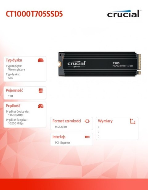 Dysk SSD T705 1TB M.2 NVMe 2280 PCIe 5.0 13600/10200 radiator Dysk SSD T705 1TB M.2 NVMe 2280 PCIe 5.0 13600/10200 radiator