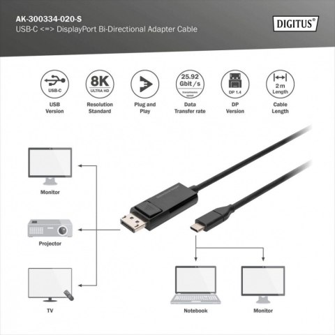 Kabel adapter USB Typ C/DisplayPort dwukierunkowy 8K 30Hz 2m Kabel adapter USB Typ C/DisplayPort dwukierunkowy 8K 30Hz 2m