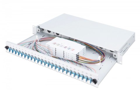 Przełącznica światłowodowa/panel krosowy z wyposażeniem 19 cali 1U, 24x LC duplex, OS2, zawiera pigtaile, adaptery, tacki, wysuw