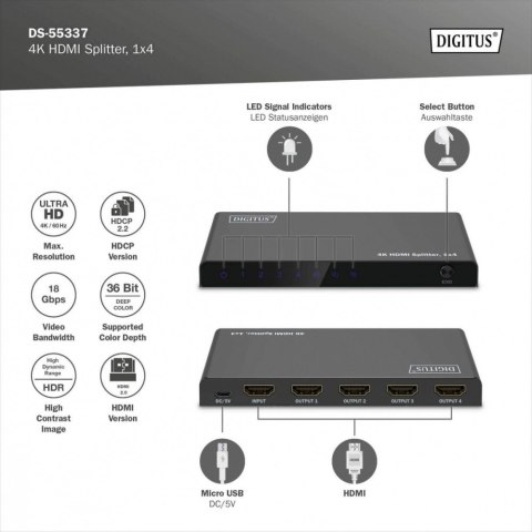 Rozdzielacz/Splitter HDMI 1x4, 4K/60Hz UHD z HDR, 18 Gbps, HDCP 2.2, EDID Rozdzielacz/Splitter HDMI 1x4, 4K/60Hz UHD z HDR, 18 Gbps, HDCP 2.2, EDID