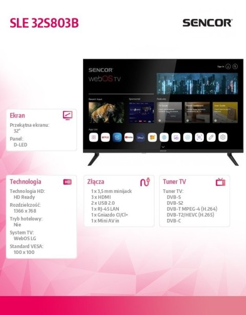 Telewizor 32 cale Smart webOS LG SLE 32S803B DVB-T/T2/C/S/S2 BT5