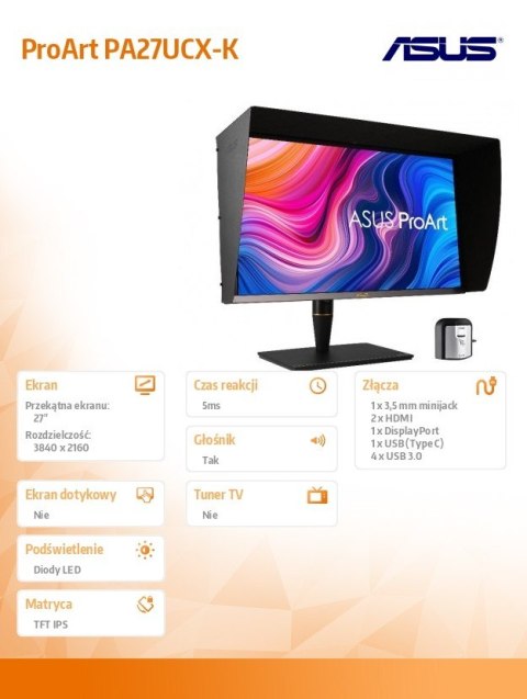 Monitor 27 cali PA27UCX-K mini dLED IPS 4K HDR10 1200nit USB-C DP HDMI PIVOT 100% sRGB Głośnik Monitor 27 cali PA27UCX-K mini dLED IPS 4K HDR10 1200nit USB-C DP HDMI PIVOT 100% sRGB Głośnik