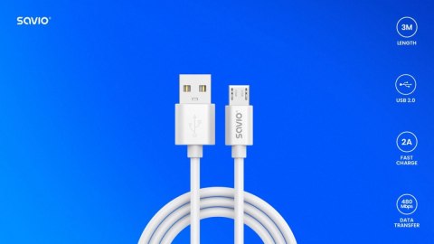 Kabel USB- A - micro USB, 2A, 3m, CL-167 Kabel USB- A - micro USB, 2A, 3m, CL-167