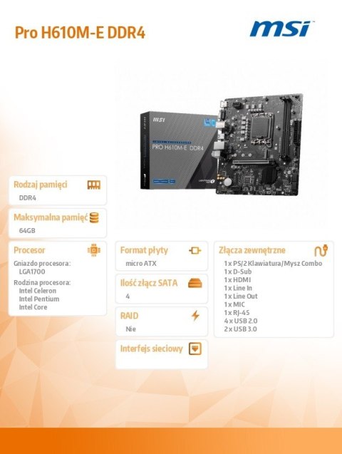 Płyta główna PRO H610M-E s1700 DDR4 HDMI M.2 mATX Płyta główna PRO H610M-E s1700 DDR4 HDMI M.2 mATX