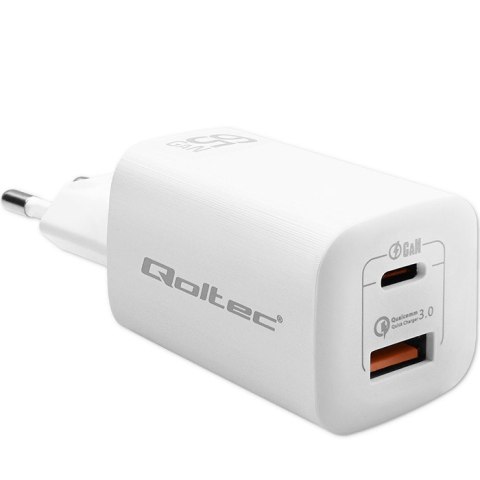 Ładowarka sieciowa 65W GaN ULTRA | 5-20V | 2.25-3.25A | 1 x USB typ C PD | 1 x USB QC 3.0 | Biała Ładowarka sieciowa 65W GaN ULTRA | 5-20V | 2.25-3.25A | 1 x USB typ C PD | 1 x USB QC 3.0 | Biała