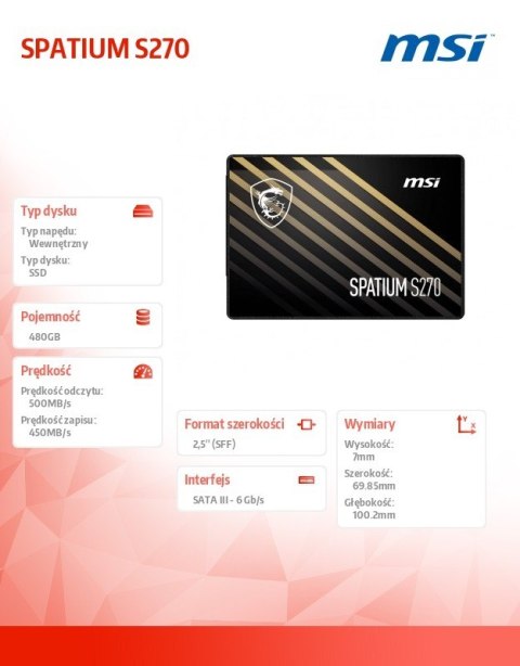 Dysk SSD SPATIUM S270 480GB 2,5 cala SATA3 500/450MB/s Dysk SSD SPATIUM S270 480GB 2,5 cala SATA3 500/450MB/s