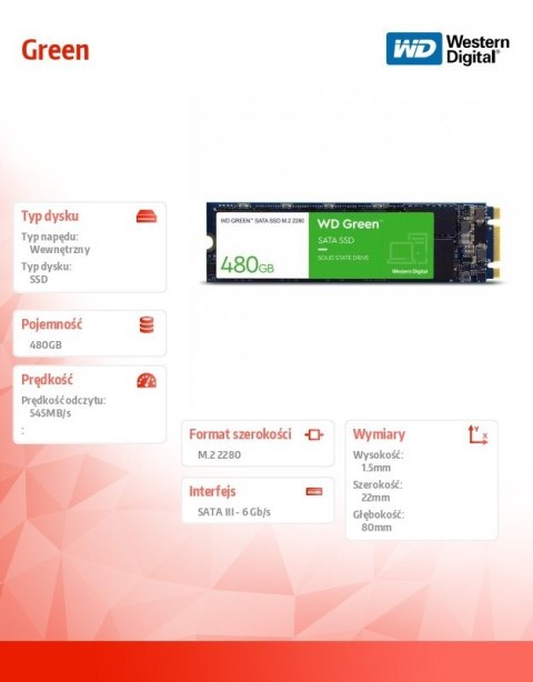 Dysk SSD Green SSD 480GB SATA M.2 2280 WDS480G3G0B Dysk SSD Green SSD 480GB SATA M.2 2280 WDS480G3G0B
