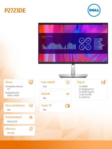 Monitor P2723DE 27 cali IPS LED QHD (2560x1440)/16:9/HDMI/DP/USB-C/4xUSB 3.2/RJ45/3Y AES&PPG Monitor P2723DE 27 cali IPS LED QHD (2560x1440)/16:9/HDMI/DP/USB-C/4xUSB 3.2/RJ45/3Y AES&PPG