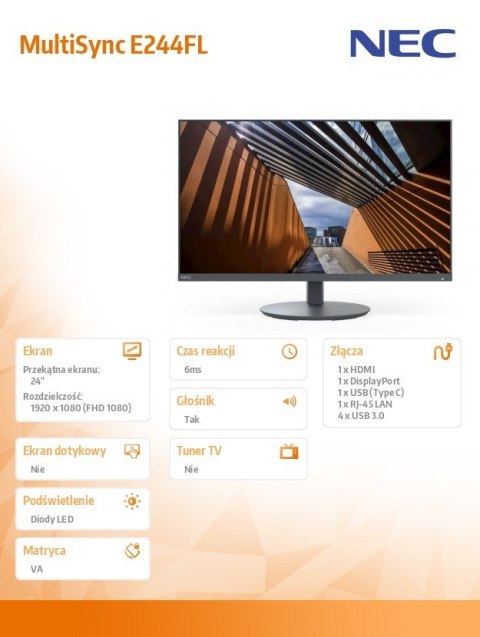 Monitor MultiSync E244FL 24 cale USB-C HDMI czarny Monitor MultiSync E244FL 24 cale USB-C HDMI czarny
