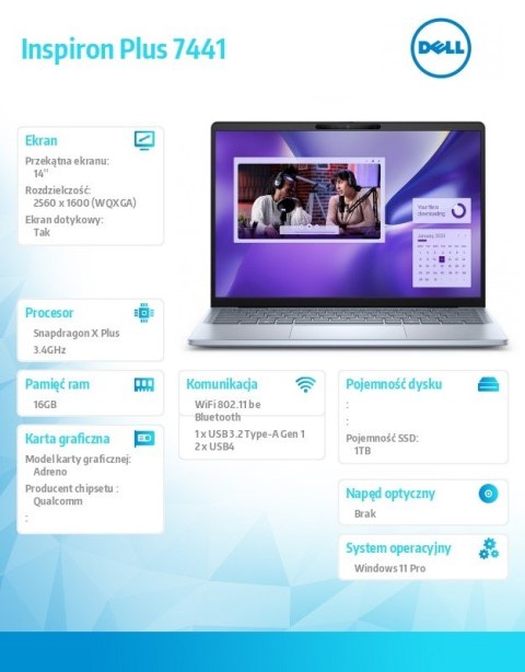Notebook Inspiron Plus 7441 Win11Pro XELITE12C/16GB/1TB SSD Gen4/14.0 QHD+ Touch/Adreno GPU/FgrPr/Cam & Mic/WLAN + BT/Backlit Kb