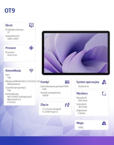 Tablet OT9 11 4/128GB bez ładowarki fioletowy Tablet OT9 11 4/128GB bez ładowarki fioletowy