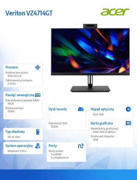 Komputer All-in-One Veriton VZ4714GT i5-13400/16GB/512GB/W11P Komputer All-in-One Veriton VZ4714GT i5-13400/16GB/512GB/W11P