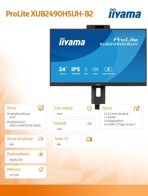 Monitor 24 cale XUB2490HSUH-B2 IPS,FHD,CAM,MIC,HDMI,DP