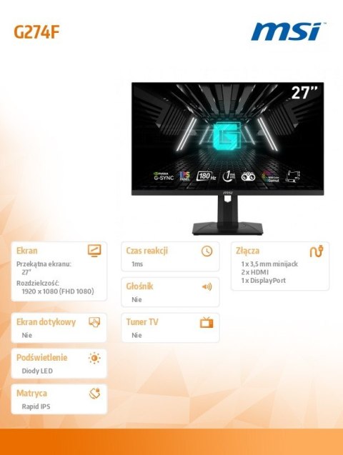 Monitor 27 cali G274F LED/FHD/Flat/180Hz/czarny Monitor 27 cali G274F LED/FHD/Flat/180Hz/czarny