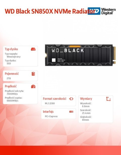 Dysk SSD WD Black 2TB SN850X NVMe M.2 PCIe Radiator Dysk SSD WD Black 2TB SN850X NVMe M.2 PCIe Radiator