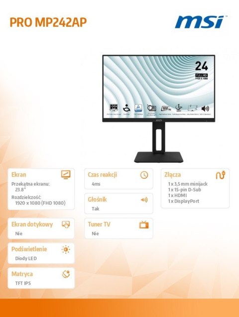 Monitor 23.8 cala PRO MP242AP LED/FHD/Flat/100Hz/czarny