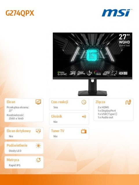 Monitor G274QPX 27 cali/LED/QHD/Flat/240Hz/Czarny Monitor G274QPX 27 cali/LED/QHD/Flat/240Hz/Czarny