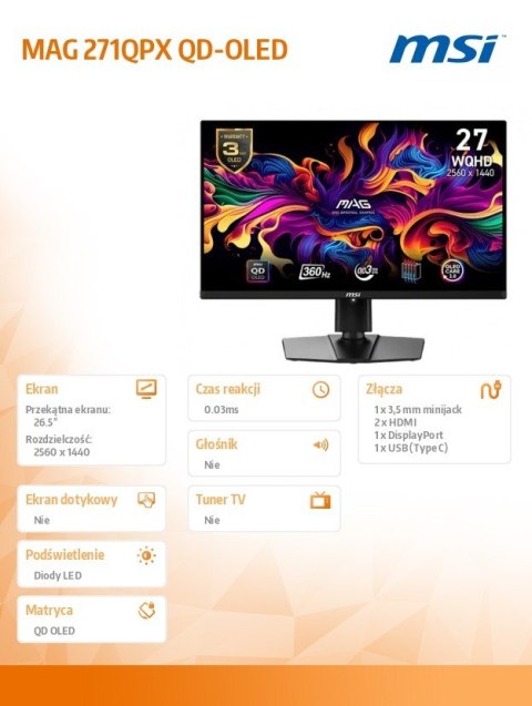 Monitor 26.5 cala MAG 271QPX QD-OLED LED/WQHD/FLAT/360Hz/czarny