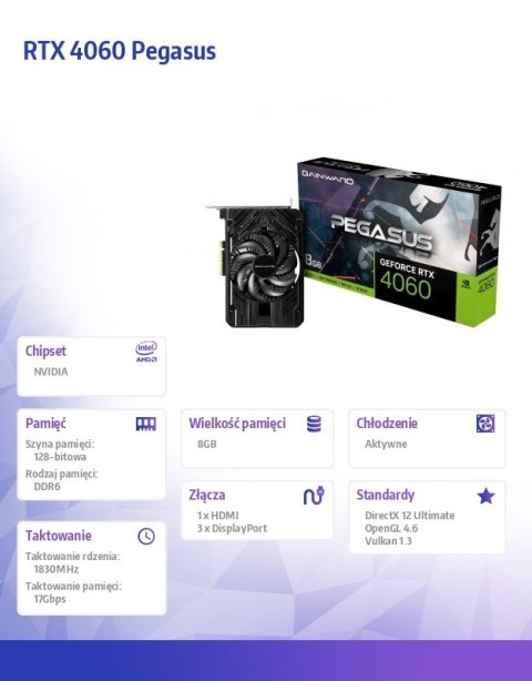 Karta graficzna RTX 4060 PEGASUS 8GB GDDR6 128bit 3DP/HDMI Karta graficzna RTX 4060 PEGASUS 8GB GDDR6 128bit 3DP/HDMI