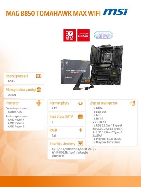 Płyta główna MAG B850 TOMAHAWK MAX WIFI AM5 4DDR5 ATX Płyta główna MAG B850 TOMAHAWK MAX WIFI AM5 4DDR5 ATX