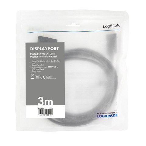 Kabel DisplayPort 1.2 do DVI 3m Czarny Kabel DisplayPort 1.2 do DVI 3m Czarny