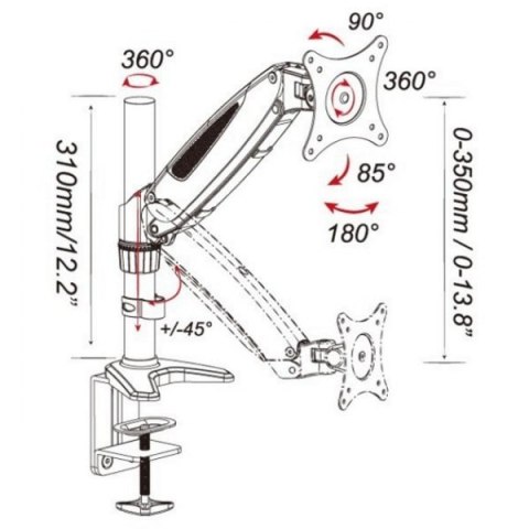 Ramię biurkowe z amortyzatorem gazowym monitor 15-27cali, 8kg, srebrno-czarne Ramię biurkowe z amortyzatorem gazowym monitor 15-27cali, 8kg, srebrno-czarne