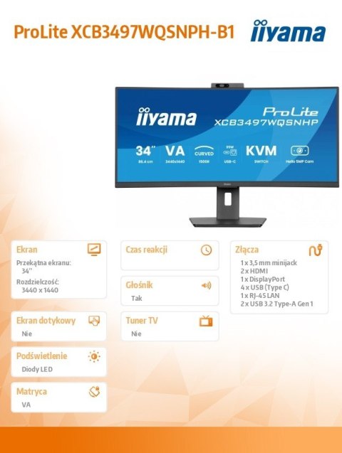 Monitor 34 cale XCB3497WQSNPH-B1,VA,UWQHD,1500R,USB-C Dock 95W, RJ45, KVM,2x5W, kamera 5MP, /5y/
