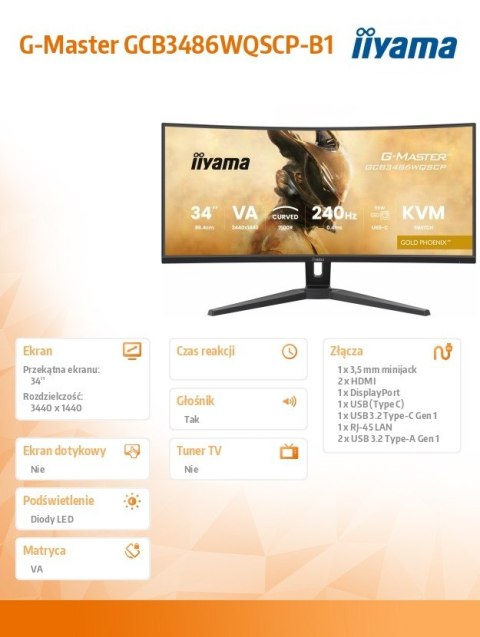 Monitor G-Master 34 cale GCB3486WQSCP-B1,VA,UWQHD,240HZ,0.4ms,1500R,HDR400,500cd,21:9,HDMI (2.1), USB-C dock 95W, RJ45, 2x5W, KV