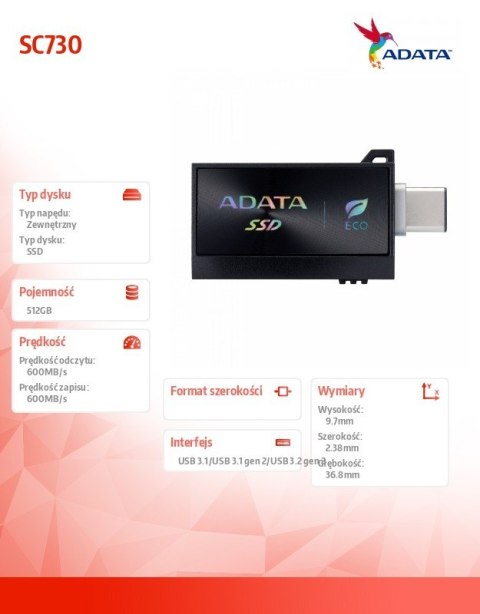 Dysk zewnętrzny SSD SC730 512G USB 3.2C/A 600/600MB/s czarny