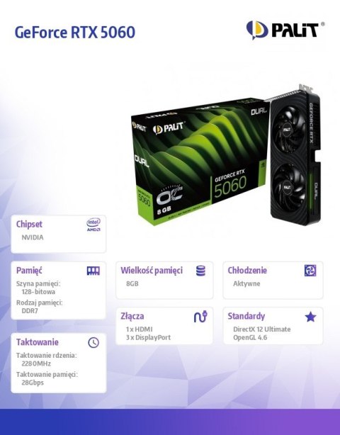 Karta graficzna GeForce RTX 5060 DUAL OC 8GB GDDR7 128bit 3DP/HDMI Karta graficzna GeForce RTX 5060 DUAL OC 8GB GDDR7 128bit 3DP/HDMI