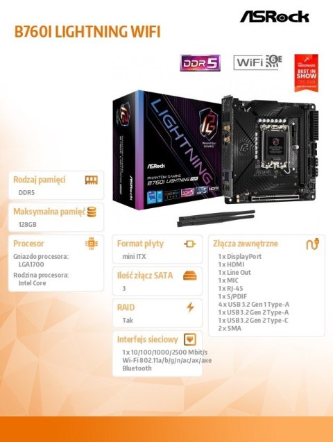 Płyta główna B760I LIGHTNING WIFI s1700 2DDR5 mITX DP/HDMI