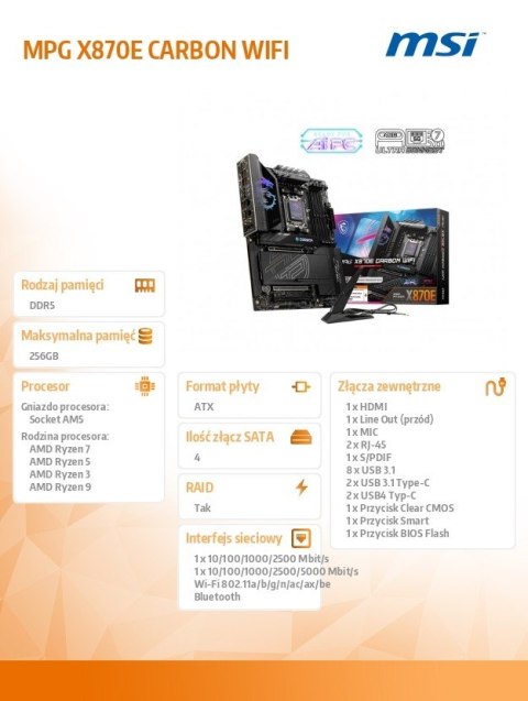 Płyta główna MPG X870E CARBON WIFI AM5 4DDR5 ATX Płyta główna MPG X870E CARBON WIFI AM5 4DDR5 ATX
