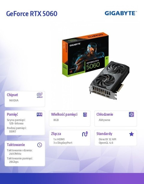 Karta graficzna GeForce RTX 5060 WINDFORCE 8G GDDR7 3DP/HDMI Karta graficzna GeForce RTX 5060 WINDFORCE 8G GDDR7 3DP/HDMI
