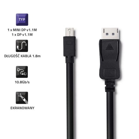 Kabel Mini DisplayPort v1.1/ DisplayPort v1.1 | 1080P | 1,8m Kabel Mini DisplayPort v1.1/ DisplayPort v1.1 | 1080P | 1,8m