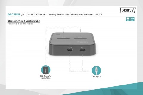 Podwójna stacja dokująca do dysków SSD M.2 NVMe z funkcją klonowania offline, USB-C, Czarna Podwójna stacja dokująca do dysków SSD M.2 NVMe z funkcją klonowania offline, USB-C, Czarna