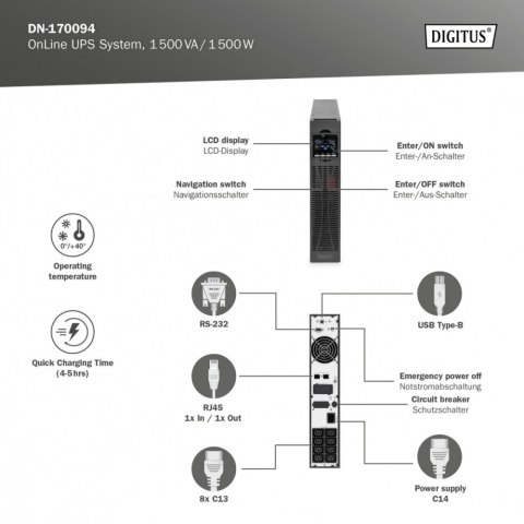 Zasilacz awaryjny UPS Online Rack 19" LCD, 1500VA/1500W, 3x12V/9Ah, 8xC13, USB, RS232, RJ45 Zasilacz awaryjny UPS Online Rack 19" LCD, 1500VA/1500W, 3x12V/9Ah, 8xC13, USB, RS232, RJ45