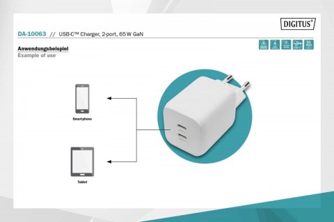 Ładowarka sieciowa, zasilacz GaN 2x USB-C PD 3.0 max. 65W, biała Ładowarka sieciowa, zasilacz GaN 2x USB-C PD 3.0 max. 65W, biała