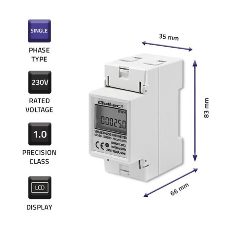 Jednofazowy elektroniczny licznik | miernik zużycia energii na szynę DIN | 230V | LCD | 2P Jednofazowy elektroniczny licznik | miernik zużycia energii na szynę DIN | 230V | LCD | 2P