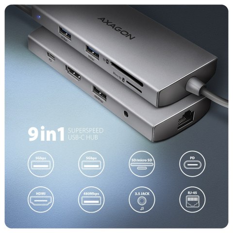 HMC-8HLSA Wieloportowy hub USB 9in1, 5Gbps, 3x USB-A + HDMI 4K/30Hz, SD/microSD, GLAN, Audio, PD 100W, 20cm USB-C kabel HMC-8HLSA Wieloportowy hub USB 9in1, 5Gbps, 3x USB-A + HDMI 4K/30Hz, SD/microSD, GLAN, Audio, PD 100W, 20cm USB-C kabel