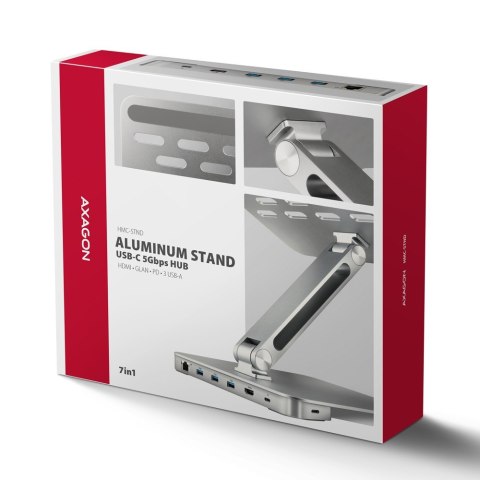 HMC-STND Stojak z wieloportowy hub Aluminiowy 7in1, 5Gbps, do 10"-16" cali laptopów, nastawny, 3x USB-A, HDMI 4K/60Hz, GLAN, PD HMC-STND Stojak z wieloportowy hub Aluminiowy 7in1, 5Gbps, do 10"-16" cali laptopów, nastawny, 3x USB-A, HDMI 4K/60Hz, GLAN, PD